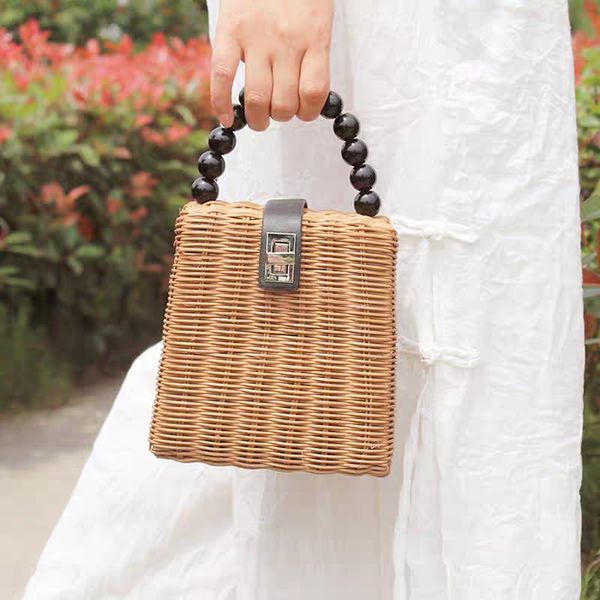 

women summer rattan bag handmade pearl woven beach vintage clutch crossbody bag messenger hobos new bamboo handle handbags