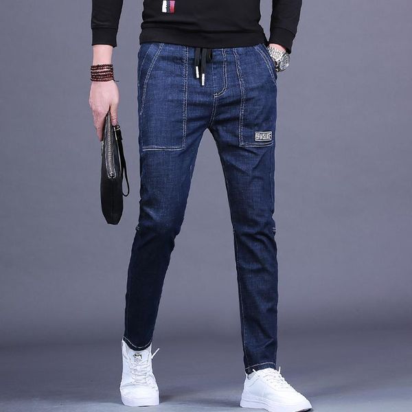 

men's jeans summer men fashion spliced blue denim slim fit drawstring pants