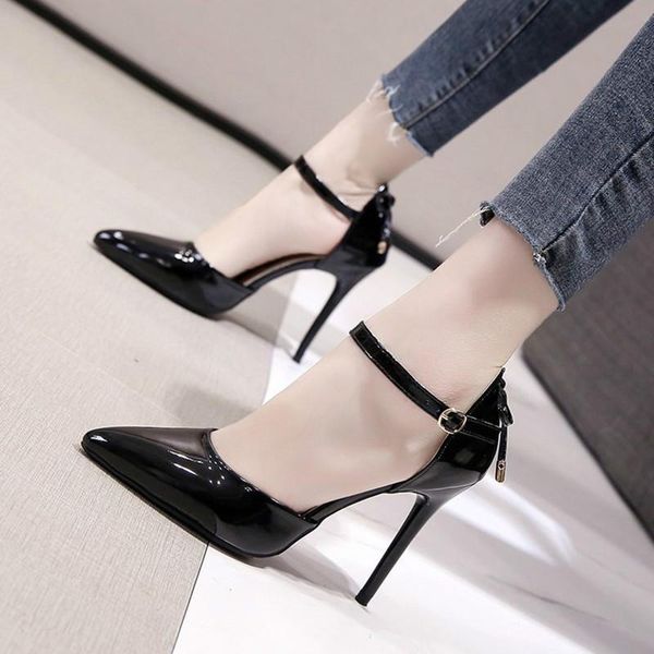 

dress shoes nude color high heels fashion thin butterfly-knot patent leather middle hollow womens elegant party pumps, Black