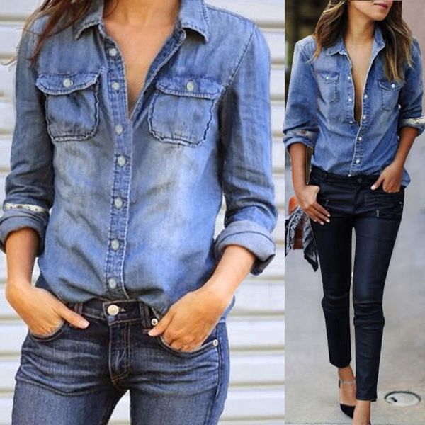 

women's blouses & shirts fashion womens casual blue jean denim long sleeve shirt blouse jacket camisetas de mujer blusas bluzka jedwab, White