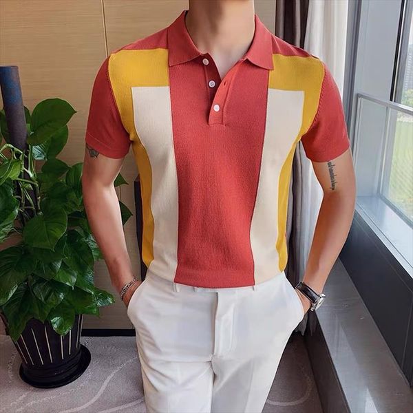 

selling fashion mens polos short sleeved shirt personalized slim lapel half sleeve knit botto, White;black