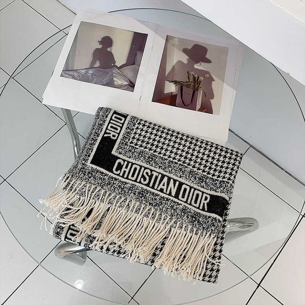 

simple jungle sketch drape high-end cashmere wool thick warm thousand bird lattice scarf cover blanket oversized shawl female, Blue;gray