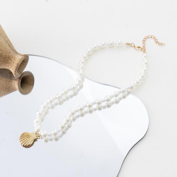 

chokers female necklace creative and simple bohemian scallop short multi- pearl shell single layer temperament choker, Golden;silver