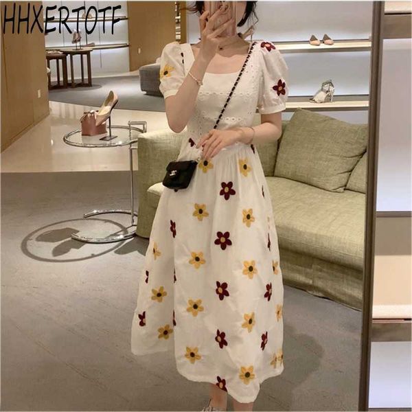 

summer temperament women flower embroidery high waist vestido o neck p casual party dresses 210531, Black;gray