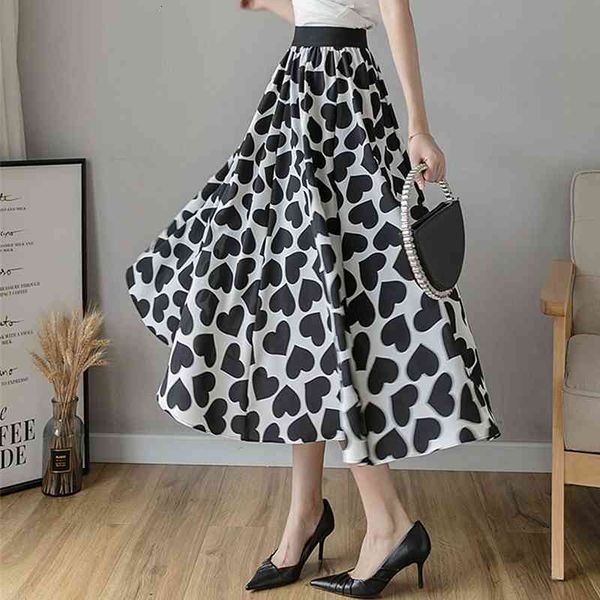 

skirts spring summer women fashion high waist a-line chiffon skirt ladies cute long midi heart print 24px, Black