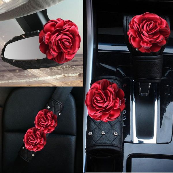 

safety belts & accessories red rose flower crystal car seat belt cover handbrake shifter covers rhinestone shoulder pad women auto interior