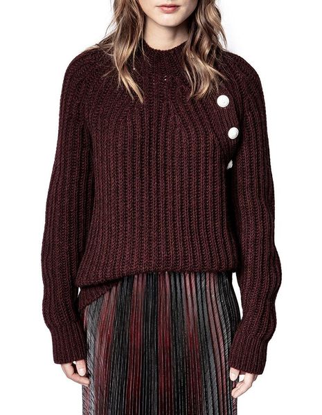 

autumn and winter new all-match wine red half-high collar metal shoulder buckle loose outer sweater women, White;black