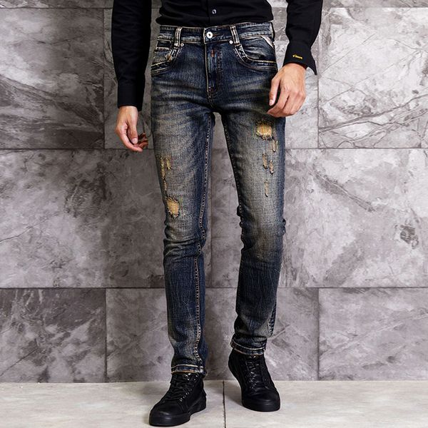 

2021 new fashion streetwear black blue retro wash slim fit ripped men vintage designer denim pants hip hop jeans homme tn5t