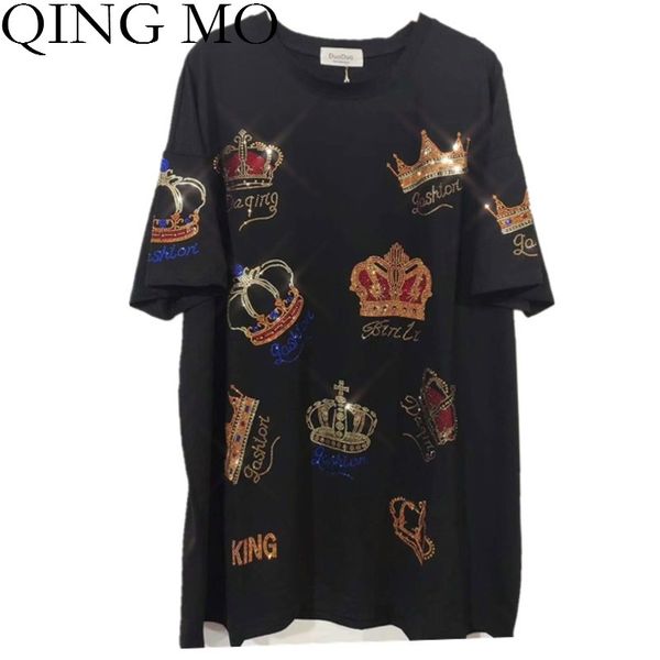 

qing mo plus size women slim t shirt women crown printed t shirt female summer short sleeve t shirt zqy3422 210306, White
