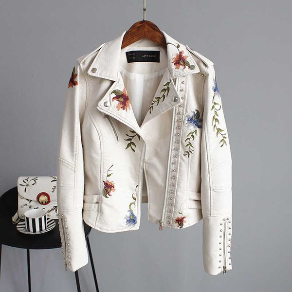 

ailegogo punk style faux soft leather jacket women embroidery floral faux leather jacket pu motorcycle epaulet zipper outerwear 200930, Black;brown