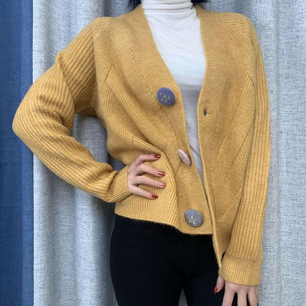 

2021autumn and winter new knitwear loose three button casual blue sweater v-neck knitted short cardigan for women, White;black