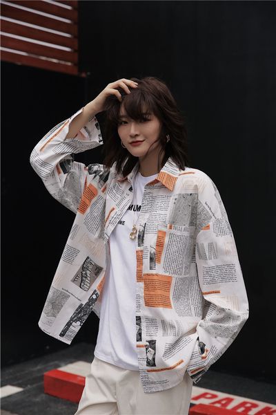 

2021 new streetwear newspaper long sleeve blouse women letter print loose fall button up shirt fashion clothing mech, White