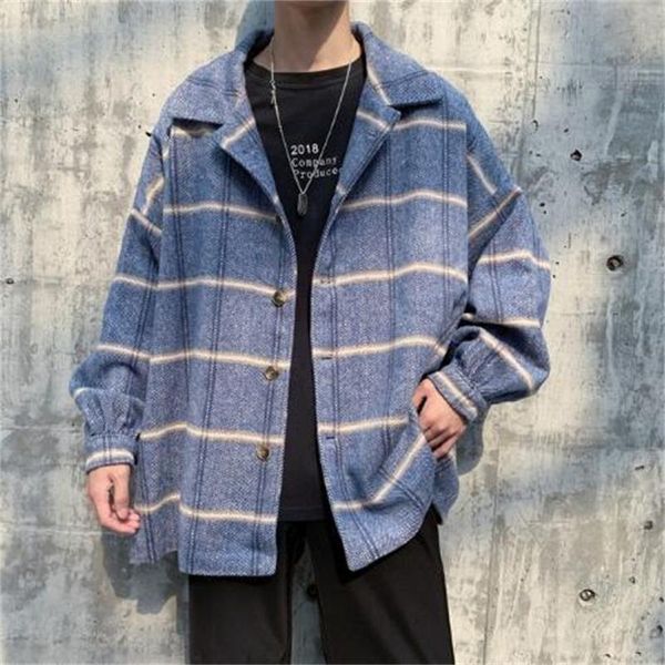

men's wool & blends youth coat autumn winter korean version loose fashion plaid streetwear windbreaker harajuku casual oversize jackets, Black