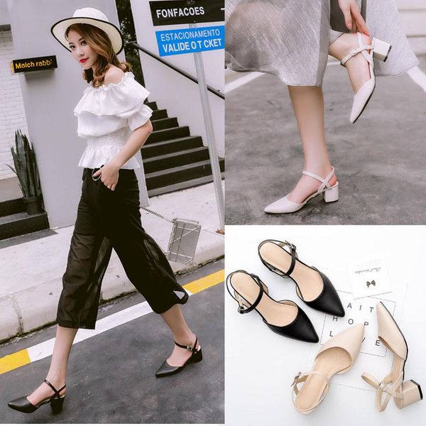 

2021 new style european and american style high pointed summer sandals the word is thick with the middle heel women's sandals, Black