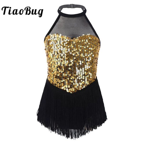 

stage wear tiaobug kids sequins sleeveless fringes gymnastics leotard latin dance dress girls ballet jazz skating performance costume, Black;red