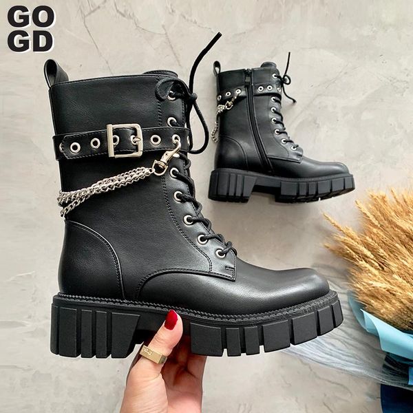 

boots [gogd]brand cool pu leather gothic black women chains chunky heel platform female punk style ankle zipper