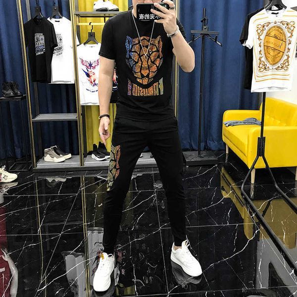 

w0799a6 summer suit men's mercerized cotton short sleeve tiger heavy industry drilling trend social two piece set, Gray