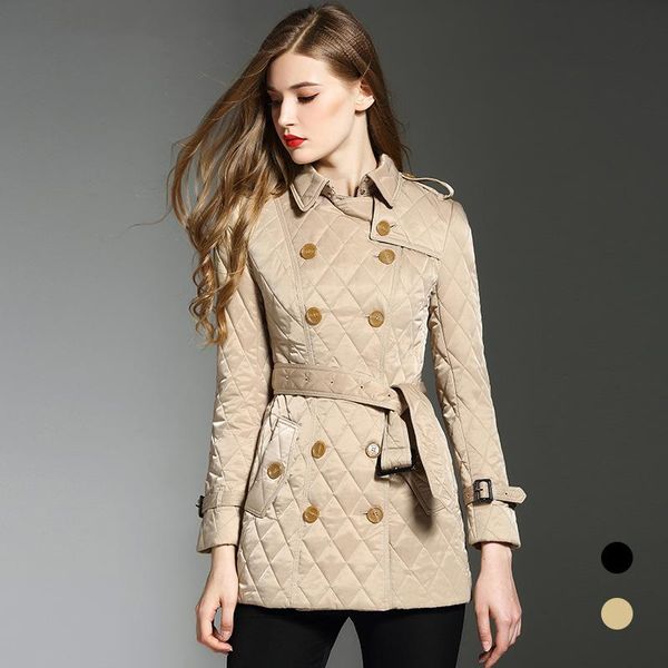 

women's jackets winter 2021 british suit collar slim tie double row button diamond lattice medium length cotton padded, Black;brown