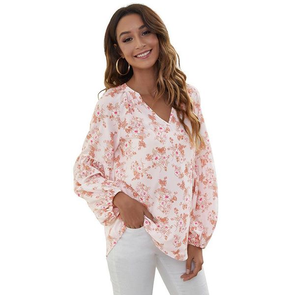 

women's blouses & shirts larci clothes printed chiffon fashion lantern sleeve v- neck casual 2021 fall winter, White