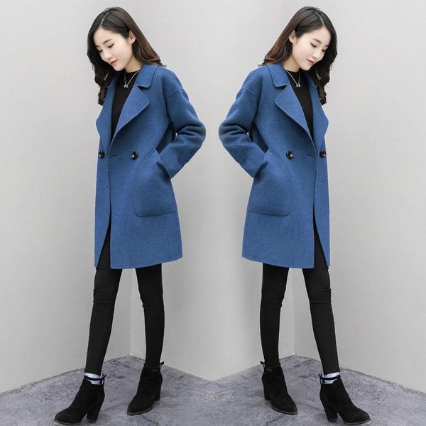 

women's wool & blends autumn/winter woollen coat medium length korean style fashion turn-down collar oversize loose jacket female, Black