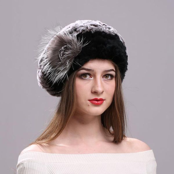 

beanies beret caps for women genuine rex fur hat elegant wholesale elastic knitted headwear bonnets winter lady