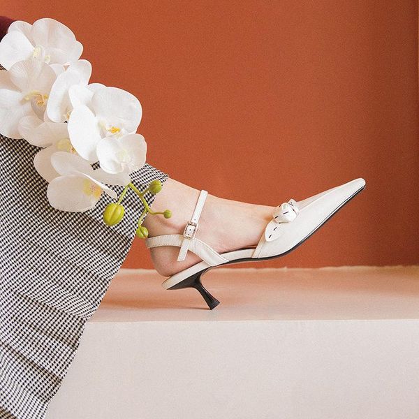 

sandals white fine buckle cowhide flower elegant with skirt middle heel, Black