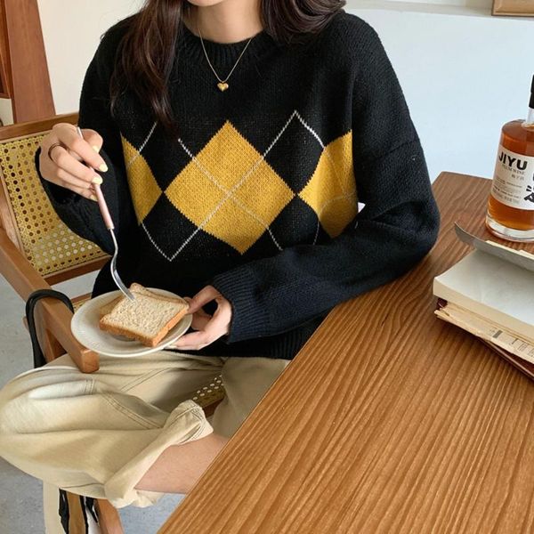 

women's sweaters women autumn winter long sleeve o-neck argyle knitted sweater pullovers jumper lingge loose net red pullover top, White;black