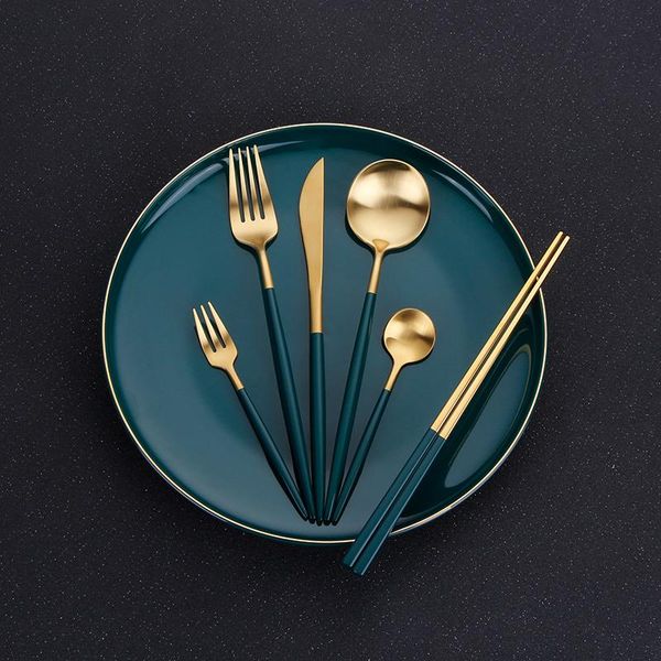 

dinnerware sets green gold stainless steel travel cutlery dinner set portable tableware silverware fork spoon knife drop