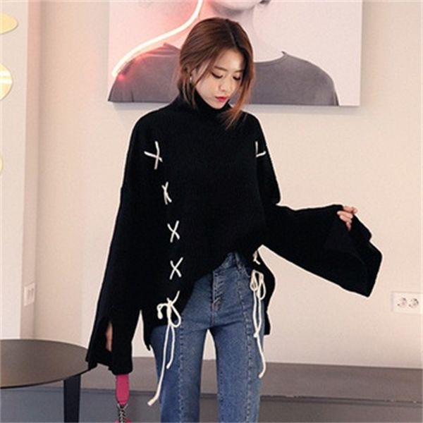 

2021 autumn and winter new solid turtleneck pullovers lace up full sweaters for women s2l8, White;black