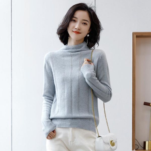 

women's sweaters winter 100% pure cashmere sweater half high neck loose and versatile solid color knitted bottomed shirt top, White;black