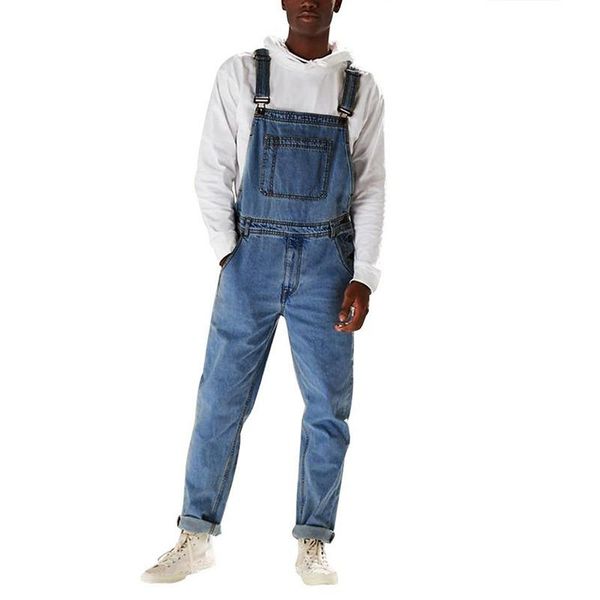 

men's jeans 2021 fashion denim bib pants full length jumpsuits hip hop straight overalls for men streetwear, Blue