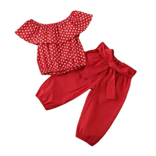 

clothing sets summer kids girls set polka dot shirt + pants suits clothes, White
