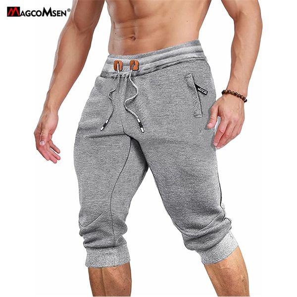

magcomsen men's joggers sweatpants 3/4 summer casual gym fitness trousers zip pockets workout track pants tracksuit bottoms men 210723, Black