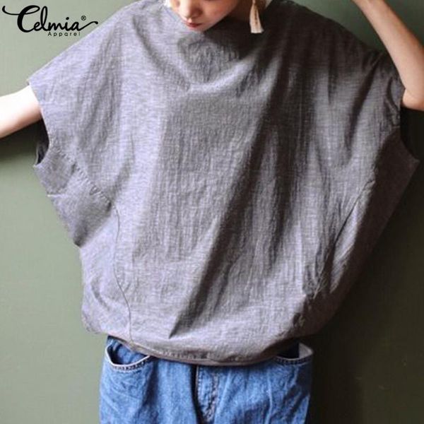 

women's blouses & shirts celmia women vintage cotton short bat sleeve 2021 summer o-neck solid casual loose oversized blusa femininas, White