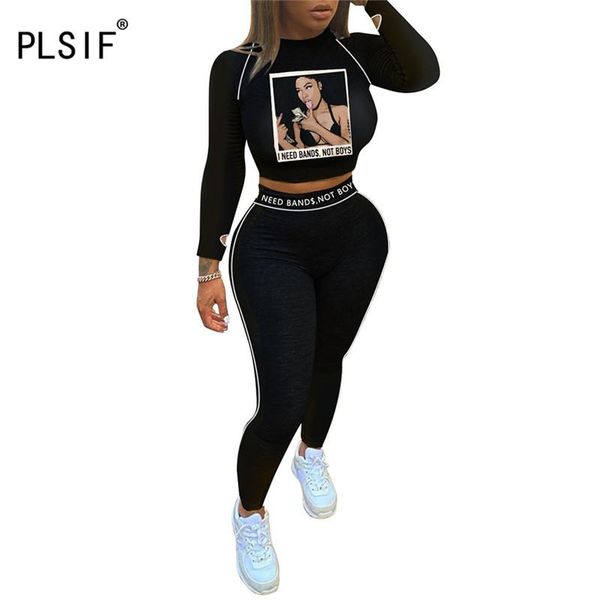

women's two piece pants women long sleeve round neck printed jacket letter elastic waist street fashion casual black trousers set autum, White