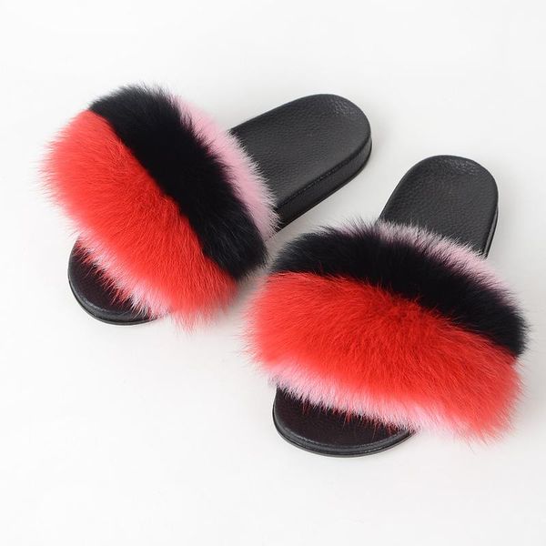 

2021 real fur slippers soft fur slides shoes slippers with flip flops mixed color furry shoes women, Black