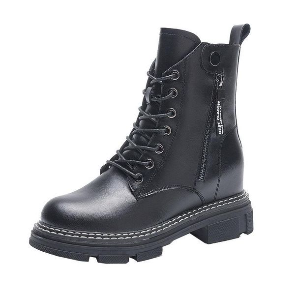 

boots autumn and winter plus velvet leather thick-soled korean style double side zipper inner increase women's shoe, Black