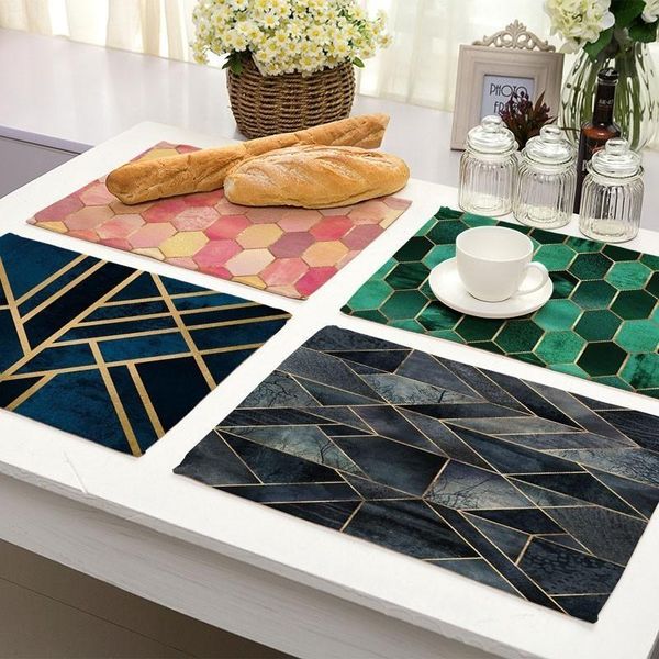 

mats & pads pink geometric marble printed cotton linen kitchen placemat dining table mat cup 42*32cm home decor