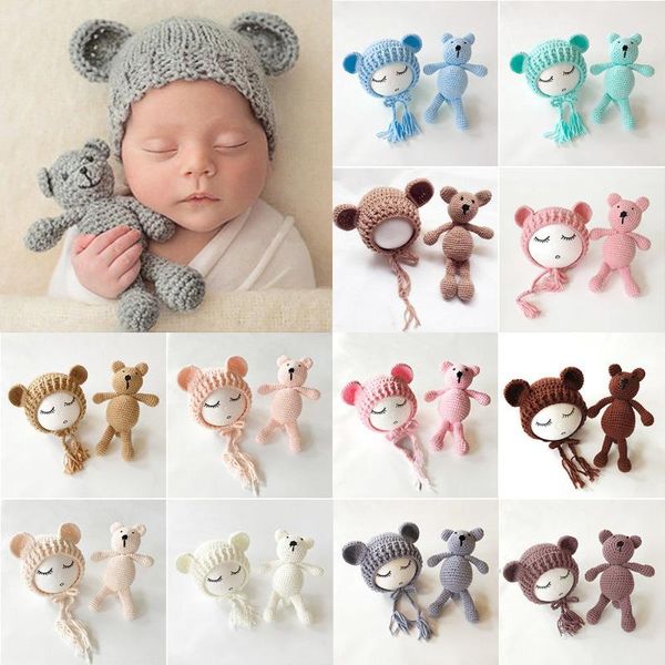 

party favor born baby hats pography props girls boys crochet knit costumes caps with ear bear toys+hats 2pcs cute gifts for