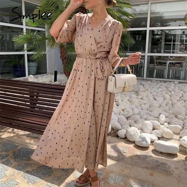 

simplee polka dot women wrap dress elegant puff sleeve a line v neck sash party dress wrap work wear streetwear retro maxi dress 210303, Black;gray