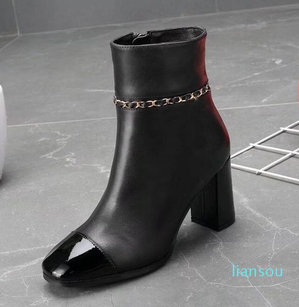 

brand name womens ankle snow chain high heel 7cm knight genuine leather winter martin booties sz35-40, Black