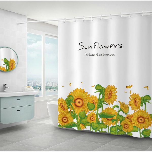 

golden sunflower shower curtain set with 12 hooks white plant bathroom decoration