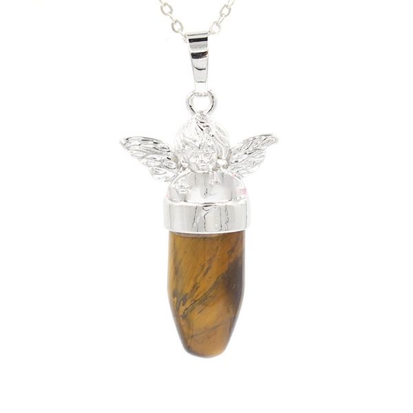 

natural crystal gemstone angel bullet stone pendant necklace for women and girls fashion jewelry with two chains, Silver
