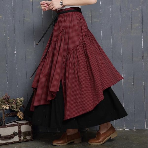 

women cotton vintage fashion grid pattern plaid cotton asymmetrical skirt high waist plaid women skirt spring skirts women, Black