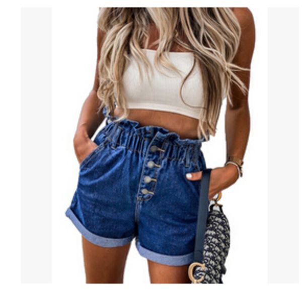 

women summer casual solid mini jeans shorts high elastic waist breasted denim short, White;black