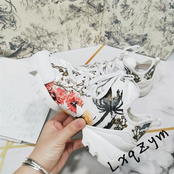 

boots chinese flower ink painting genuine leather women sneakers spring autumn high running shoes thick platform brand design, Black