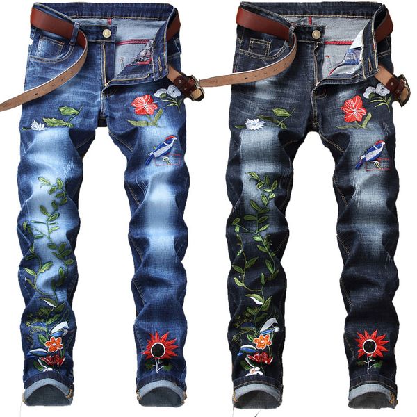 

New 2021 Male Embroidery Blue Jeans Black Skinny Chinese Style Classic Denim 26x3