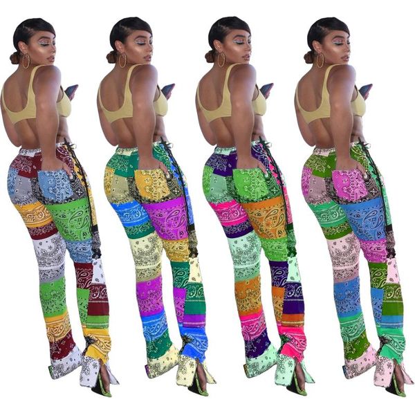 

women's pants & capris autumn style trousers casual patchwork printed slit cashew flower, Black;white