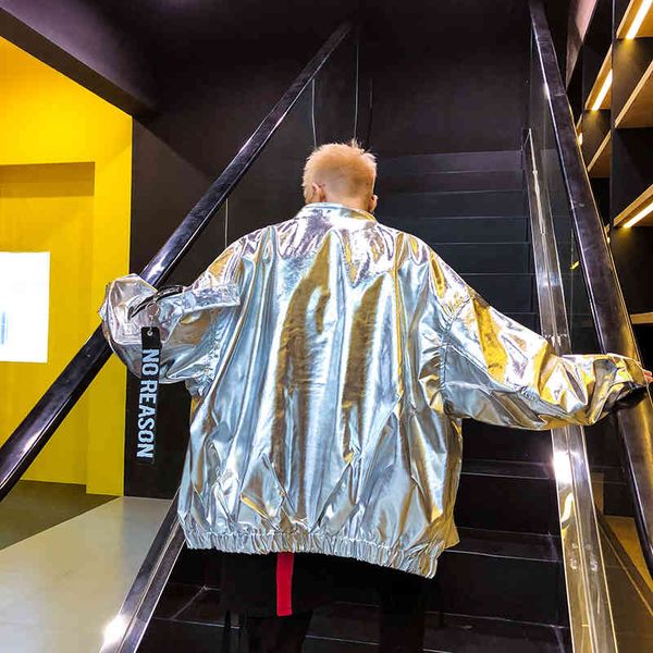 

men's jackets reflective jacket, shiny hip hop turtleneck, loose stage attire, casual jacket. ruip, Black;brown