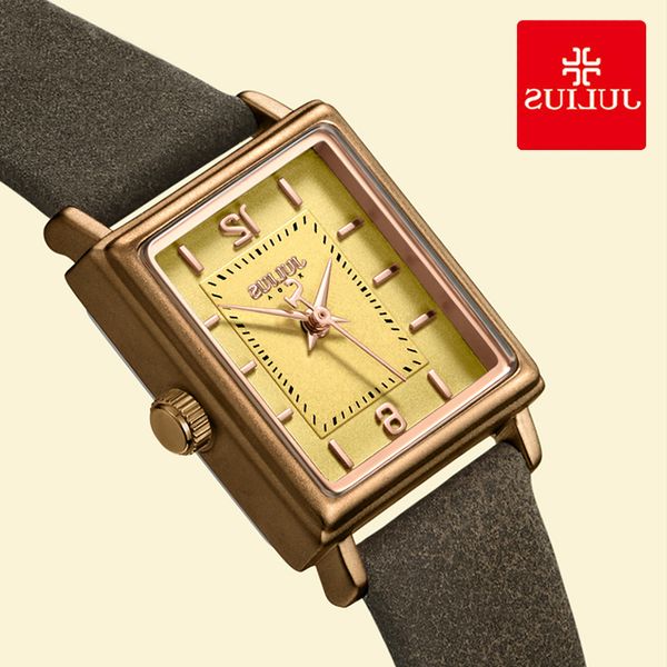 

julius brand vintage leather watch women's simple rectangular small dial quartz wristwatches waterproof lady clock montre femme, Slivery;brown